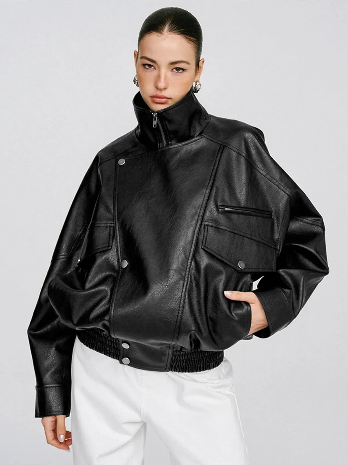 Collared Oversized PU Leather Jacket sold by COMMENSE product image thumbnail 2