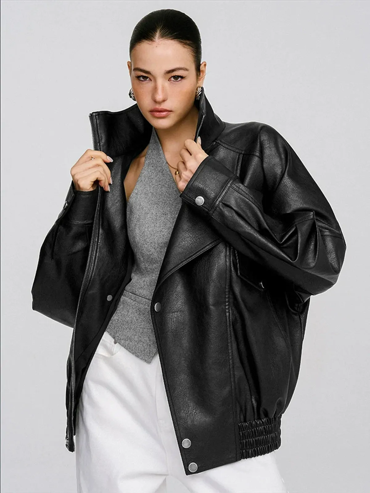 Collared Oversized PU Leather Jacket sold by COMMENSE product image thumbnail 3