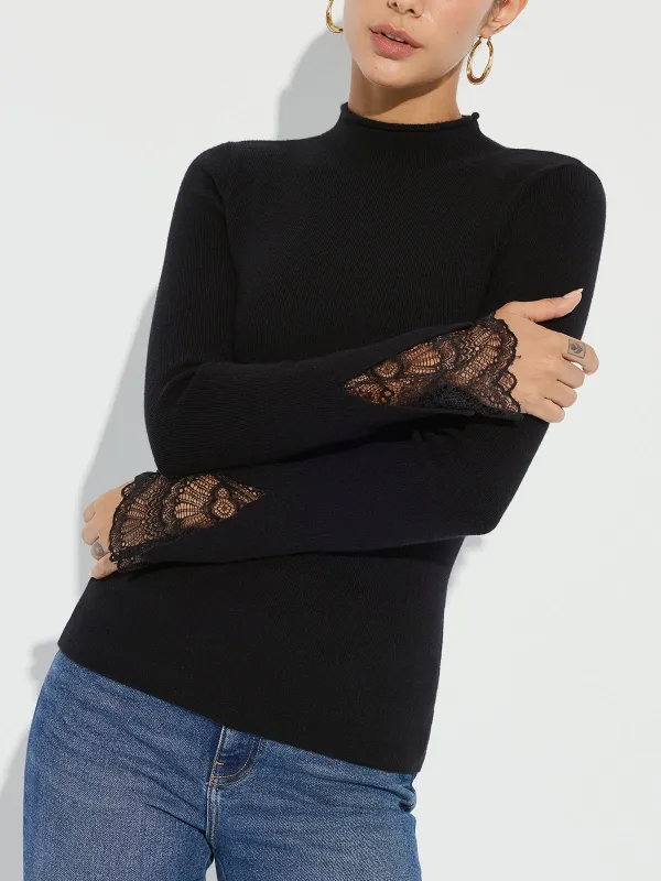 Mock Neck Lace Cuff Knit Top sold by COMMENSE