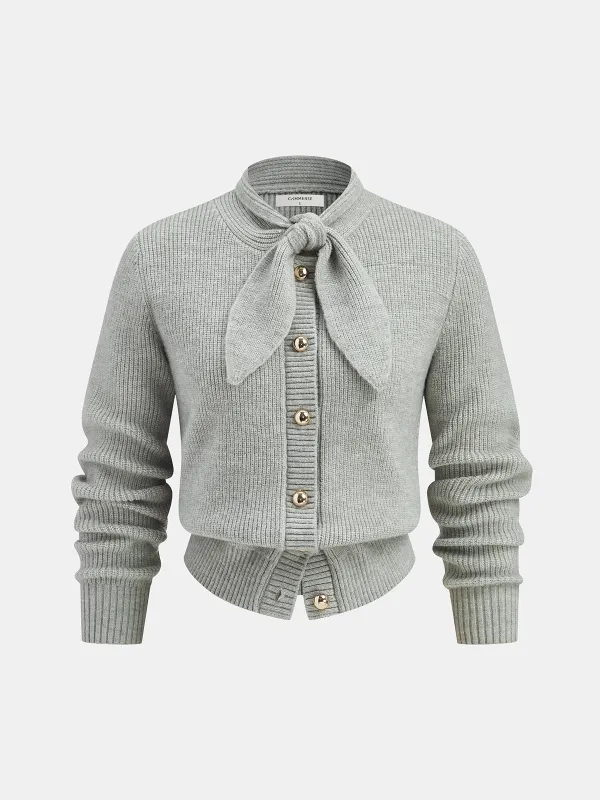 Tie Neck Metal Button Knit Cardigan sold by COMMENSE