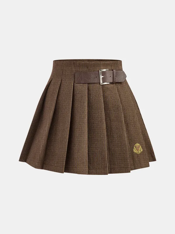 Belt-Decor Houndstooth Pleated Mini Skirt sold by COMMENSE