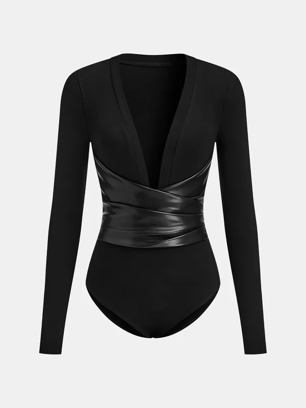 Faux Leather Wrap Waist V-Neck Bodysuit sold by COMMENSE