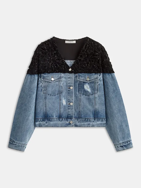 Velvet Jacquard Paneled Denim Jacket sold by COMMENSE