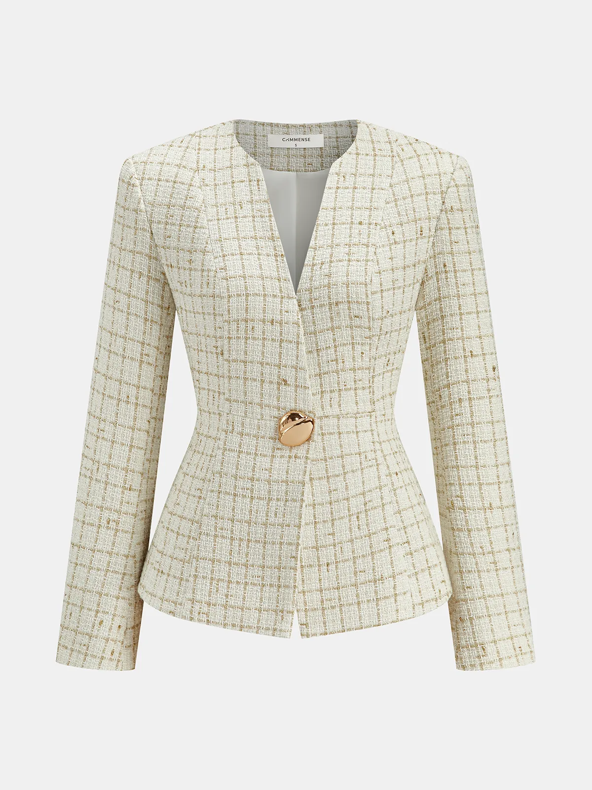 Metal Button Tweed Blazer sold by COMMENSE