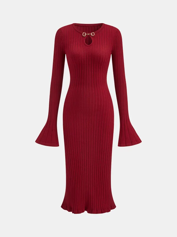 Bell Sleeve Mermaid Hem Horsebit Knit Midi Dress sold by COMMENSE