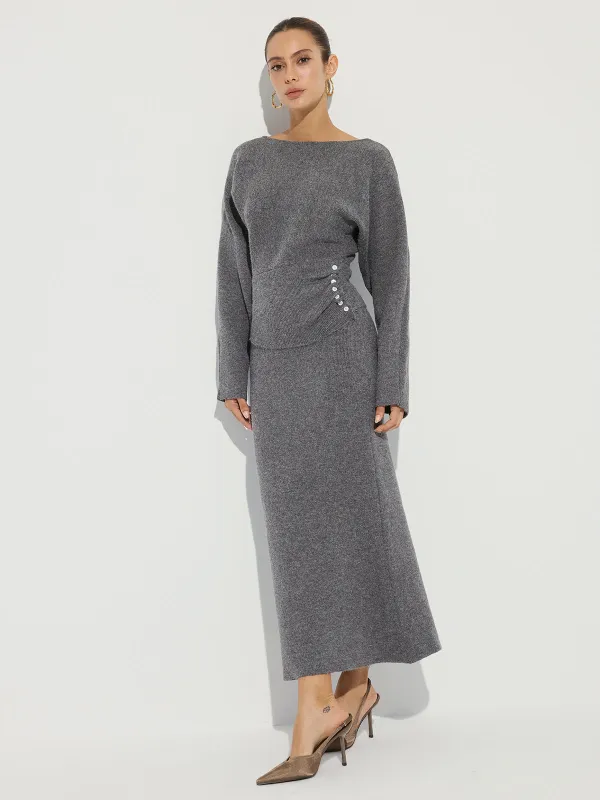 Knit Button Detail Top and Maxi Skirt Set sold by COMMENSE