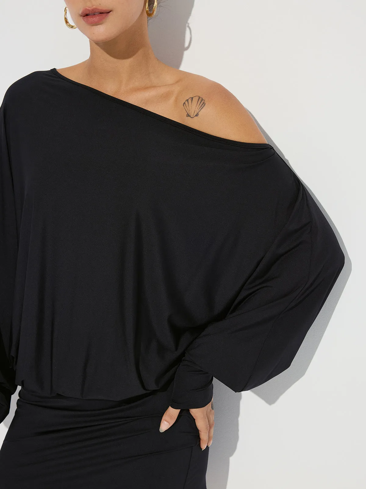 One-Shoulder Ruched Long Sleeve Mini Dress sold by COMMENSE product image thumbnail 3