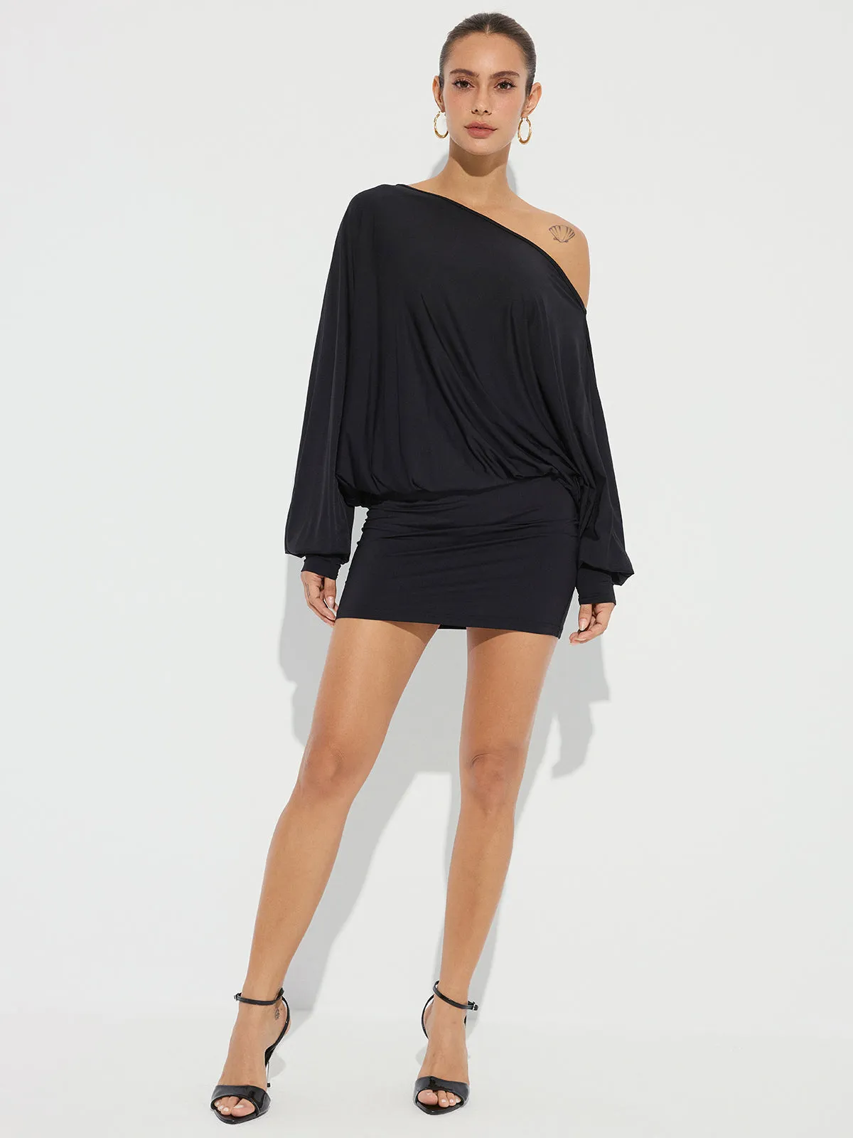 One-Shoulder Ruched Long Sleeve Mini Dress sold by COMMENSE