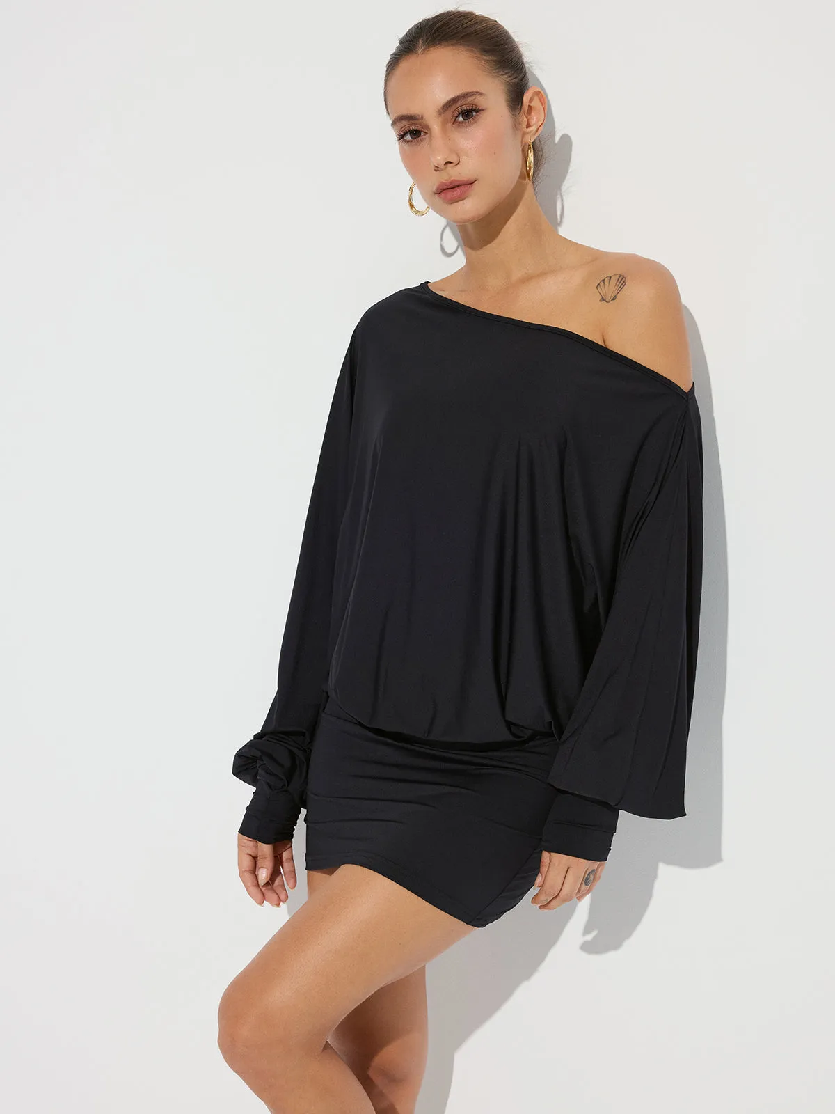 One-Shoulder Ruched Long Sleeve Mini Dress sold by COMMENSE product image thumbnail 5