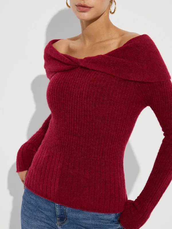 Wool Blend Twisted Off-Shoulder Knit Sweater sold by COMMENSE
