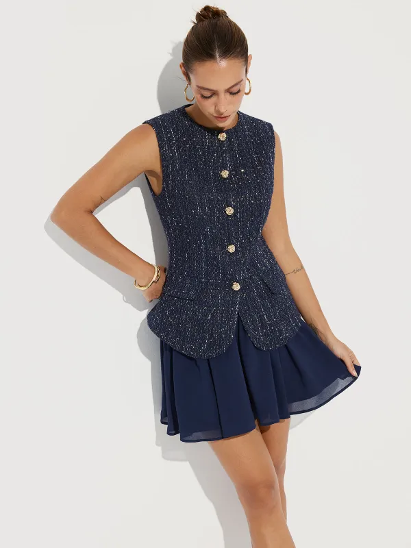 Tweed Sleeveless Top and Chiffon Mini Skirt Set sold by COMMENSE