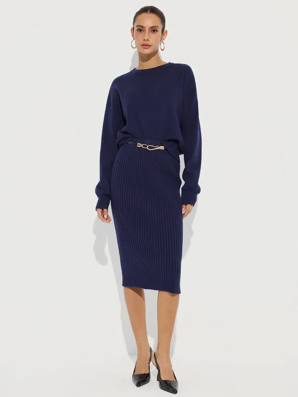 Crew Neck Knit Sweater and Ribbed Midi Skirt sold by COMMENSE