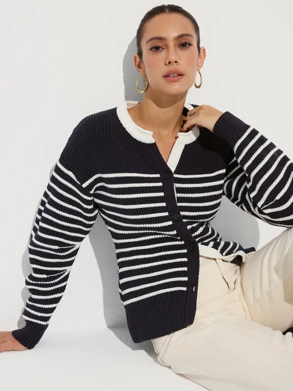 Striped Button-Front Knit Cardigan sold by COMMENSE