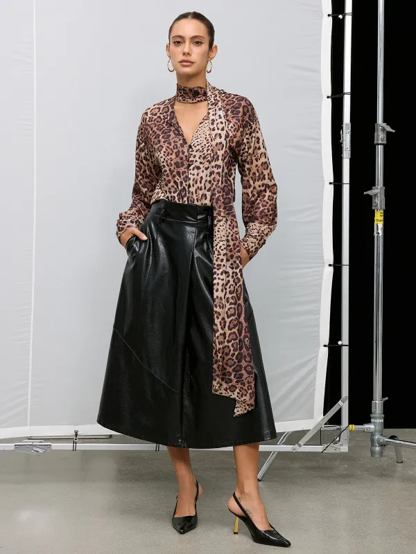 Tie Neck Leopard Print Long Sleeve Blouse sold by COMMENSE