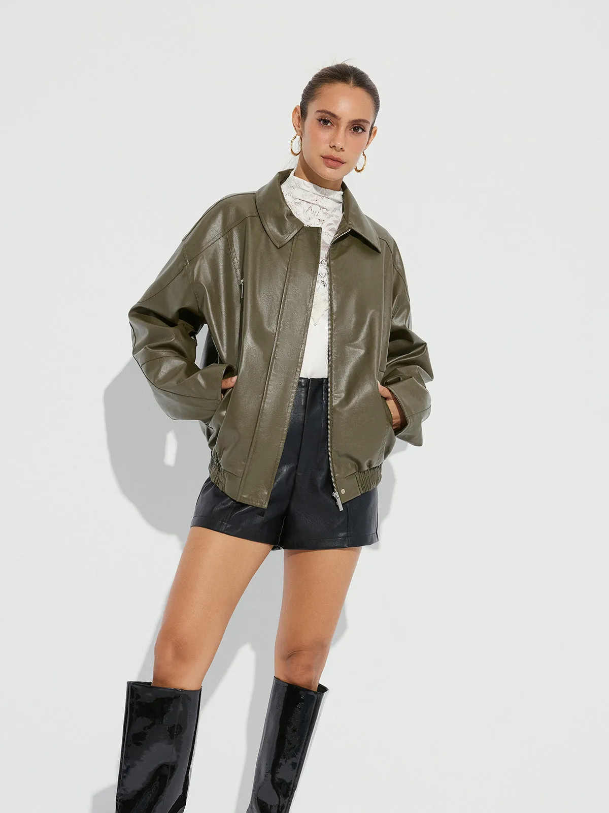 Collared Zipper PU Leather Jacket sold by COMMENSE product image thumbnail 3