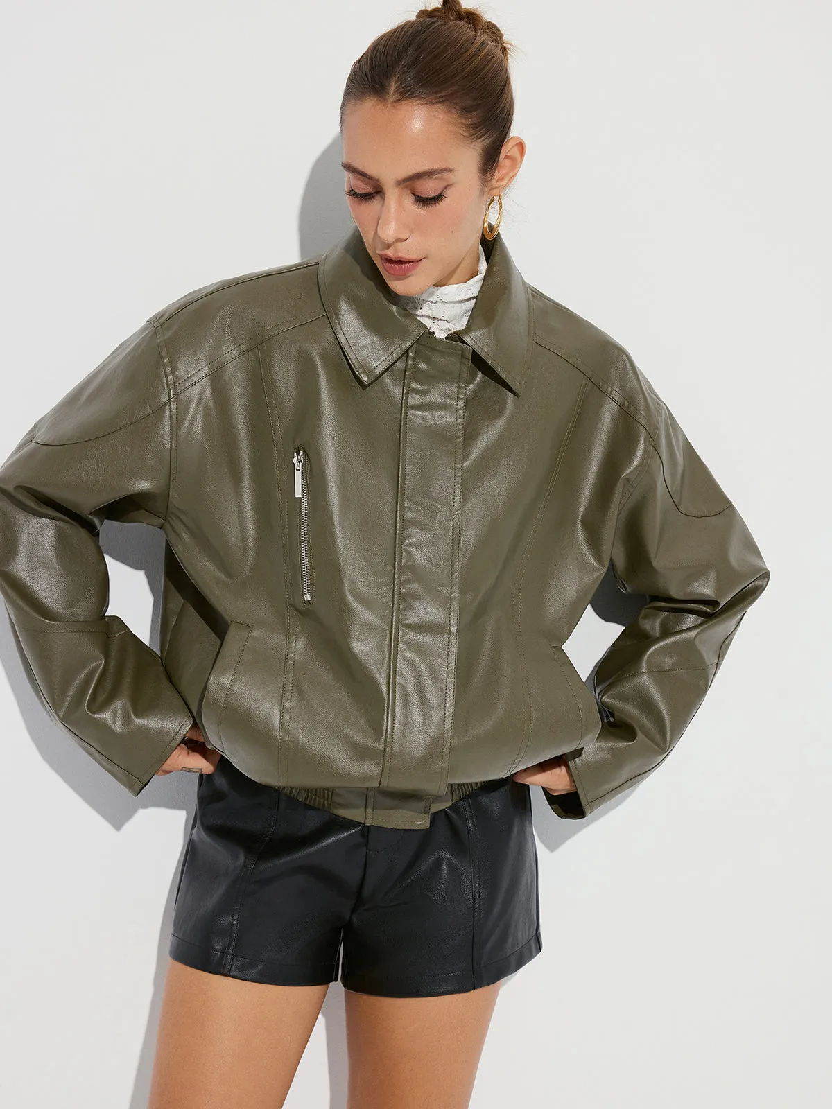 Collared Zipper PU Leather Jacket sold by COMMENSE product image thumbnail 4