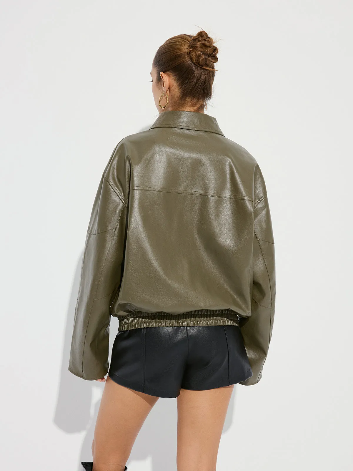 Collared Zipper PU Leather Jacket sold by COMMENSE product image thumbnail 5