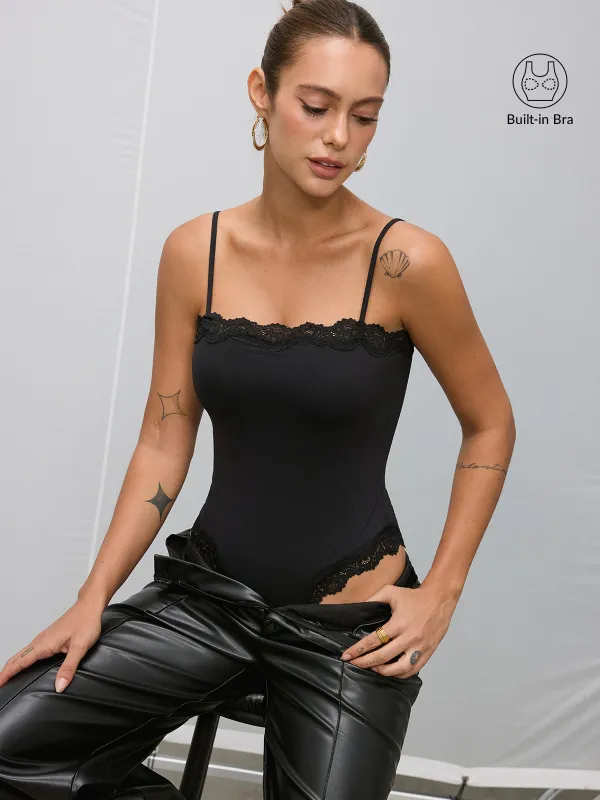 Bra-Free Lace Trim Cami Bodysuit made by COMMENSE