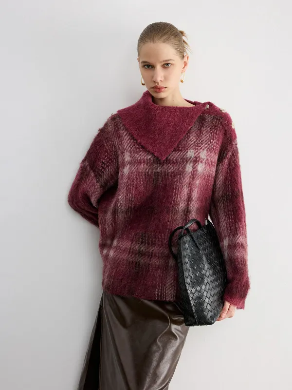 Wool Blend Plaid Asymmetric Collar Buttoned Sweater sold by COMMENSE