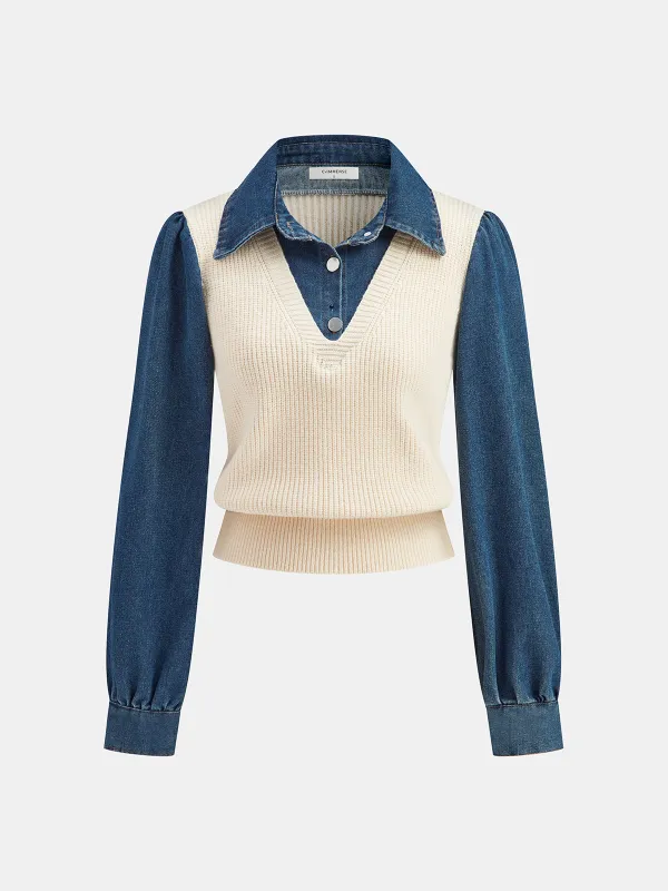 2 in 1 Denim Paneled Knit Top sold by COMMENSE