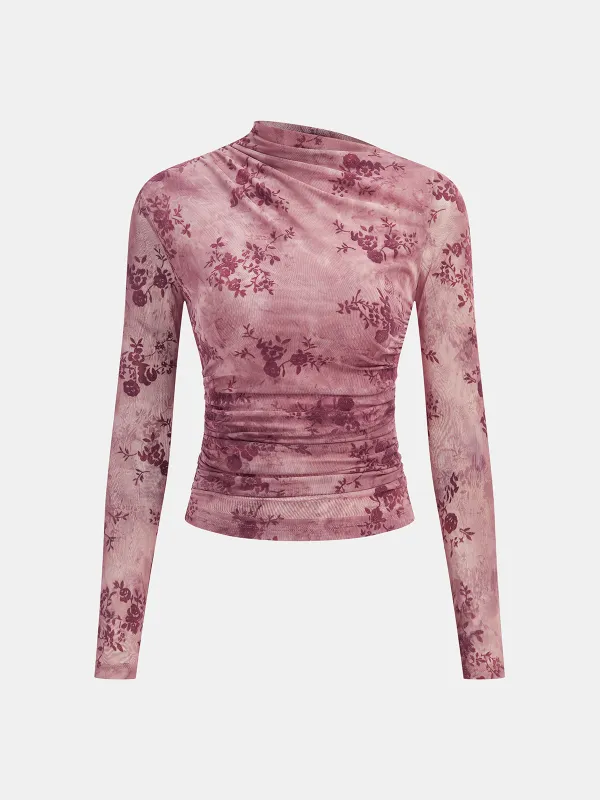 Rose Floral Mesh Ruched Top sold by COMMENSE