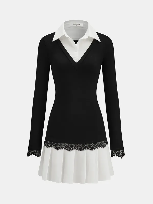 Color-Block Collared Pleated Lace Detail Mini Dress sold by COMMENSE