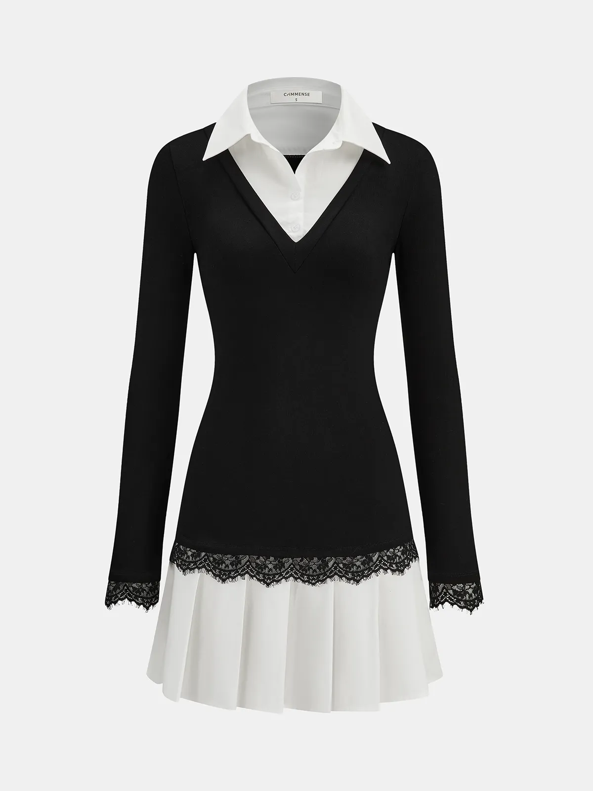 Color-Block Collared Pleated Lace Detail Mini Dress sold by COMMENSE
