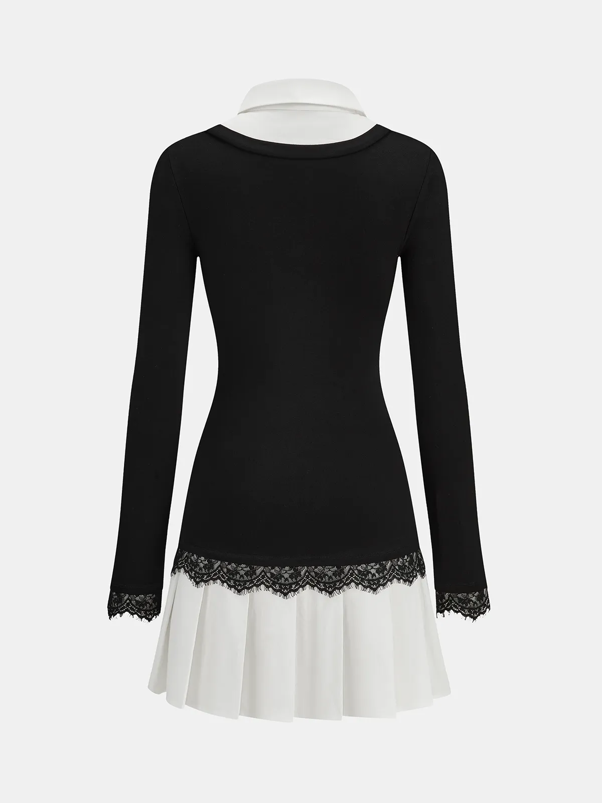 Color-Block Collared Pleated Lace Detail Mini Dress sold by COMMENSE product image thumbnail 2
