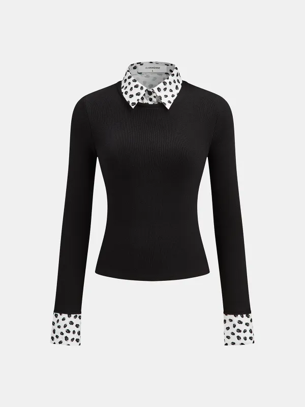Detachable Printed Collar Knit Blouse sold by COMMENSE