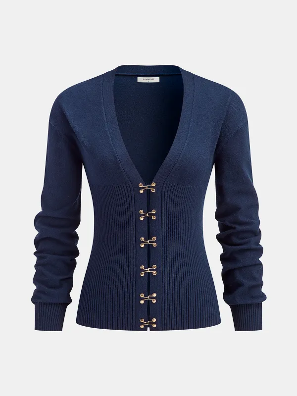 Hook-and-Eye Deep V-Neck Cardigan sold by COMMENSE