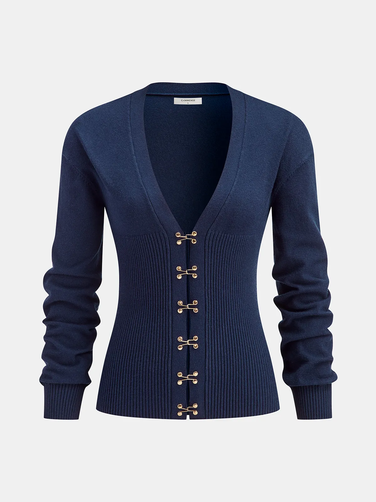 Hook-and-Eye Deep V-Neck Cardigan sold by COMMENSE