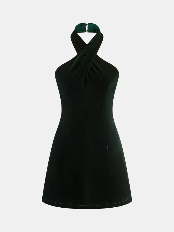 Velvet Cross Halter Mini Dress made by COMMENSE