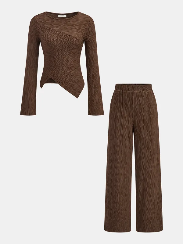 Textured Asymmetric Top and Pants Set sold by COMMENSE