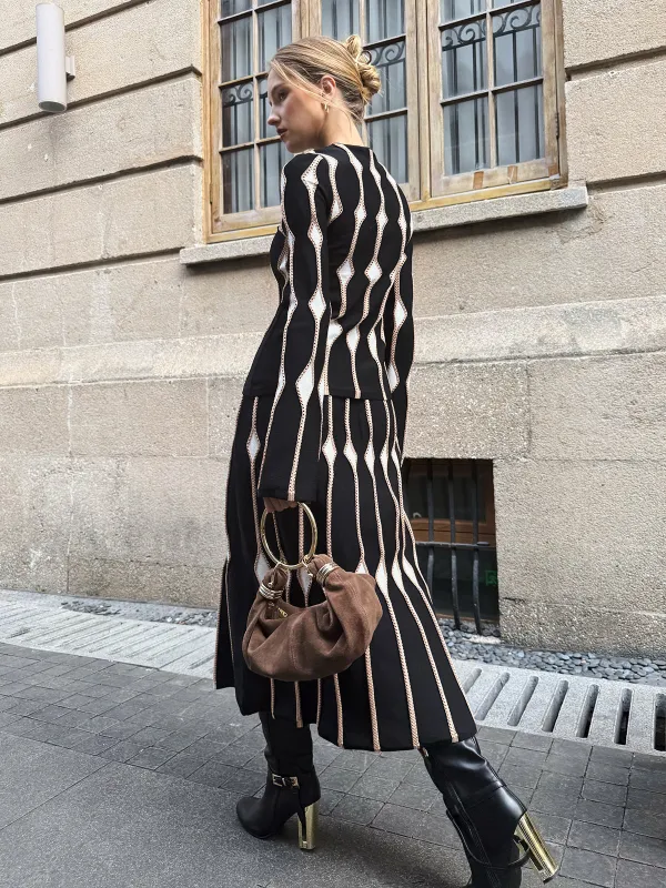 Geometric Pattern Knitted Maxi Skirt sold by COMMENSE