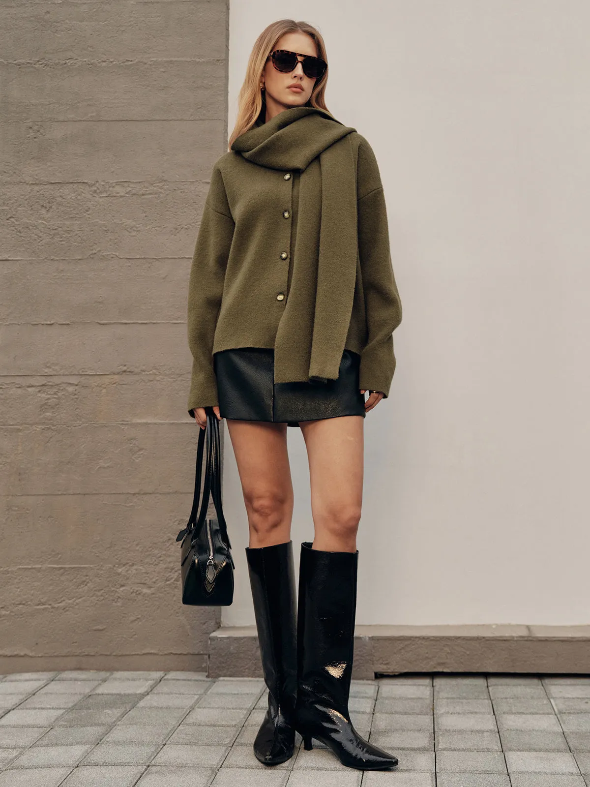 Button-Form Knit Cardigan with Scarf Detail sold by COMMENSE product image thumbnail 2