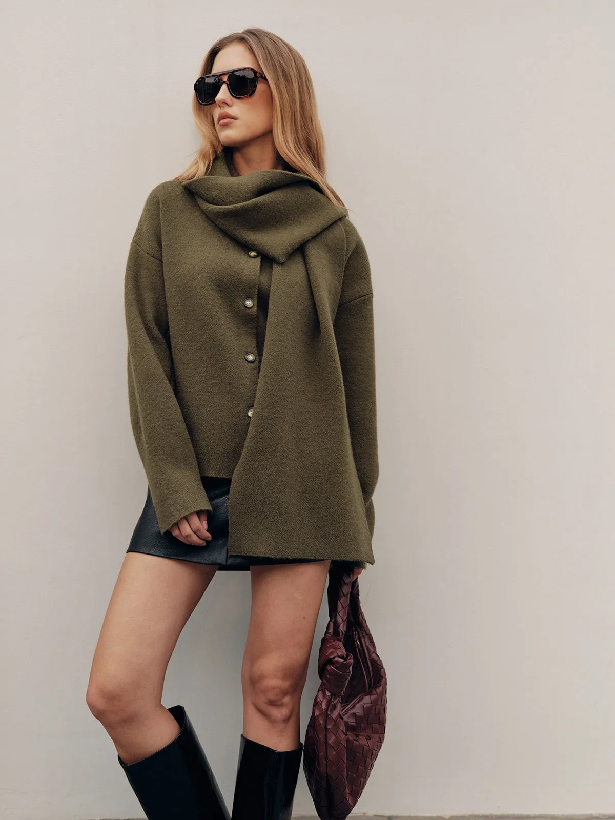 Button-Form Knit Cardigan with Scarf Detail sold by COMMENSE product image thumbnail 3