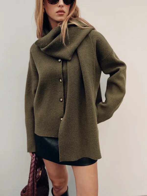 Button-Form Knit Cardigan with Scarf Detail sold by COMMENSE