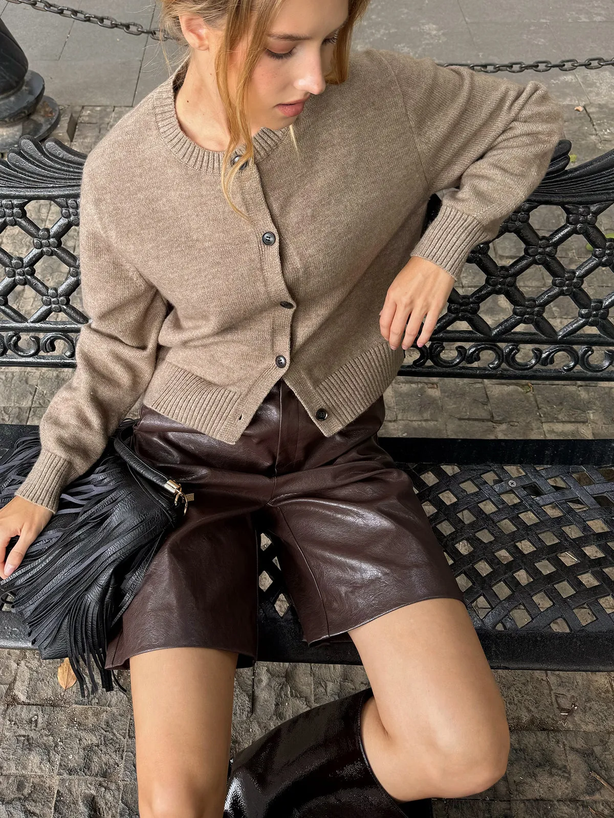 Crew Neck Button-Front Knit Cardigan sold by COMMENSE