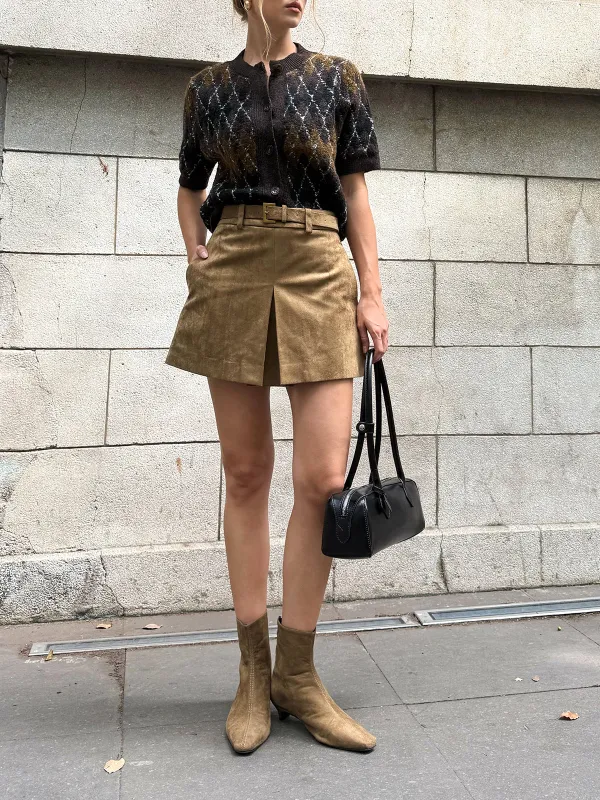 Belted Suede Effect Slit Mini Skirt sold by COMMENSE