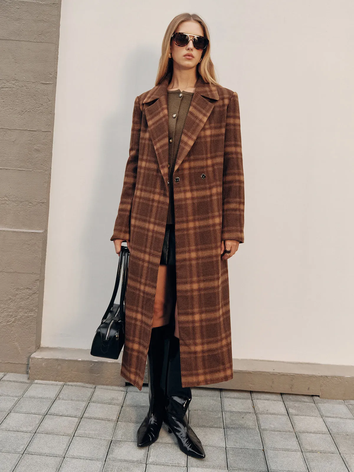 Belted Plaid Long Tweed Coat sold by COMMENSE