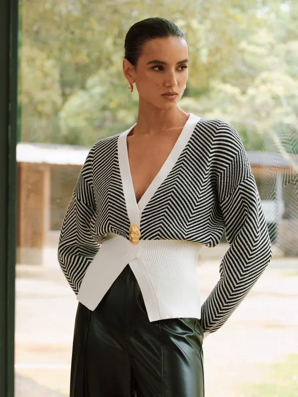 Metal Detail Chevron Knit Cardigan sold by COMMENSE