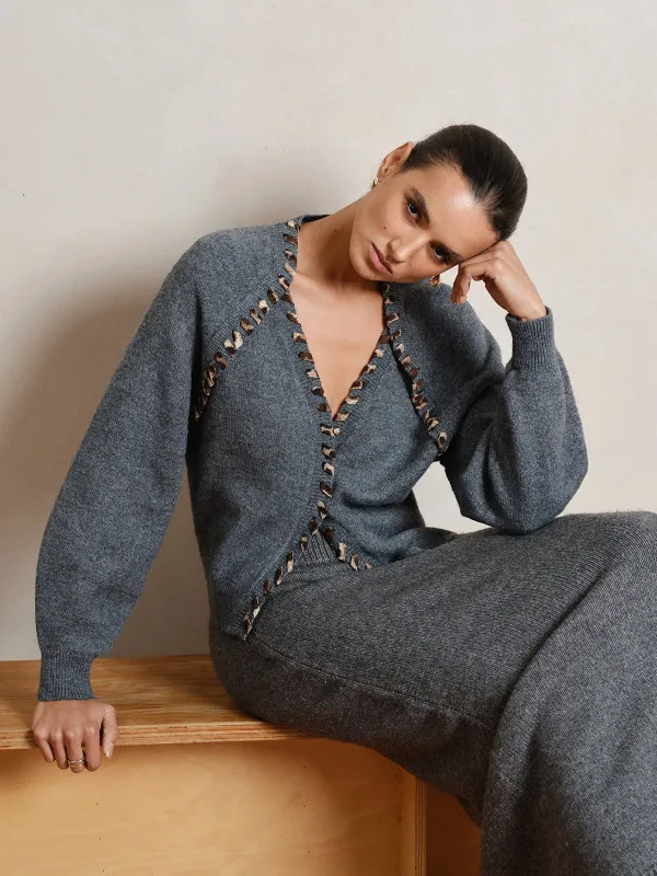 Lace-Up Trim V-Neck Cardigan sold by COMMENSE