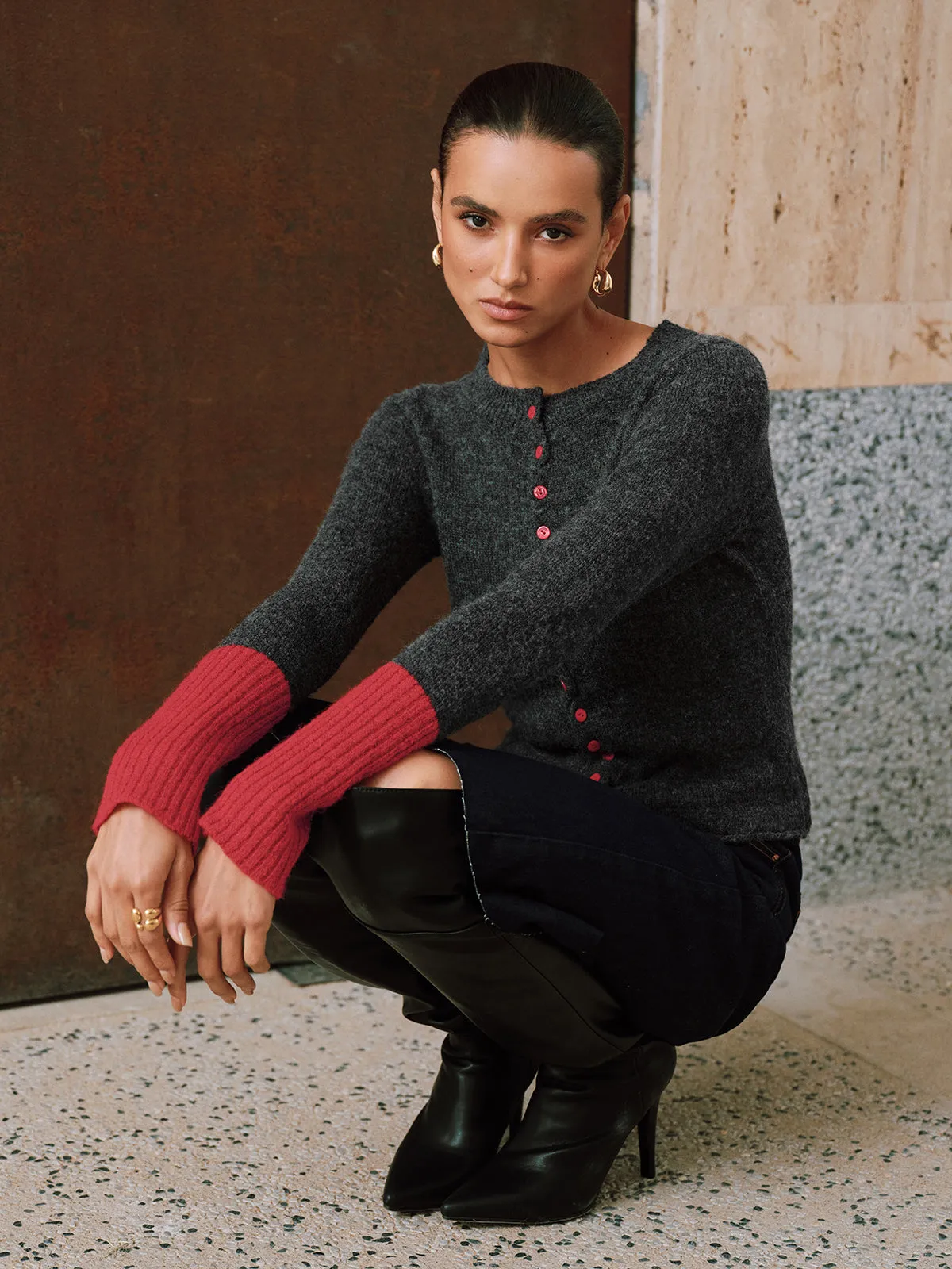 Contrast Cuff Wool-Blend Cardigan sold by COMMENSE product image thumbnail 5