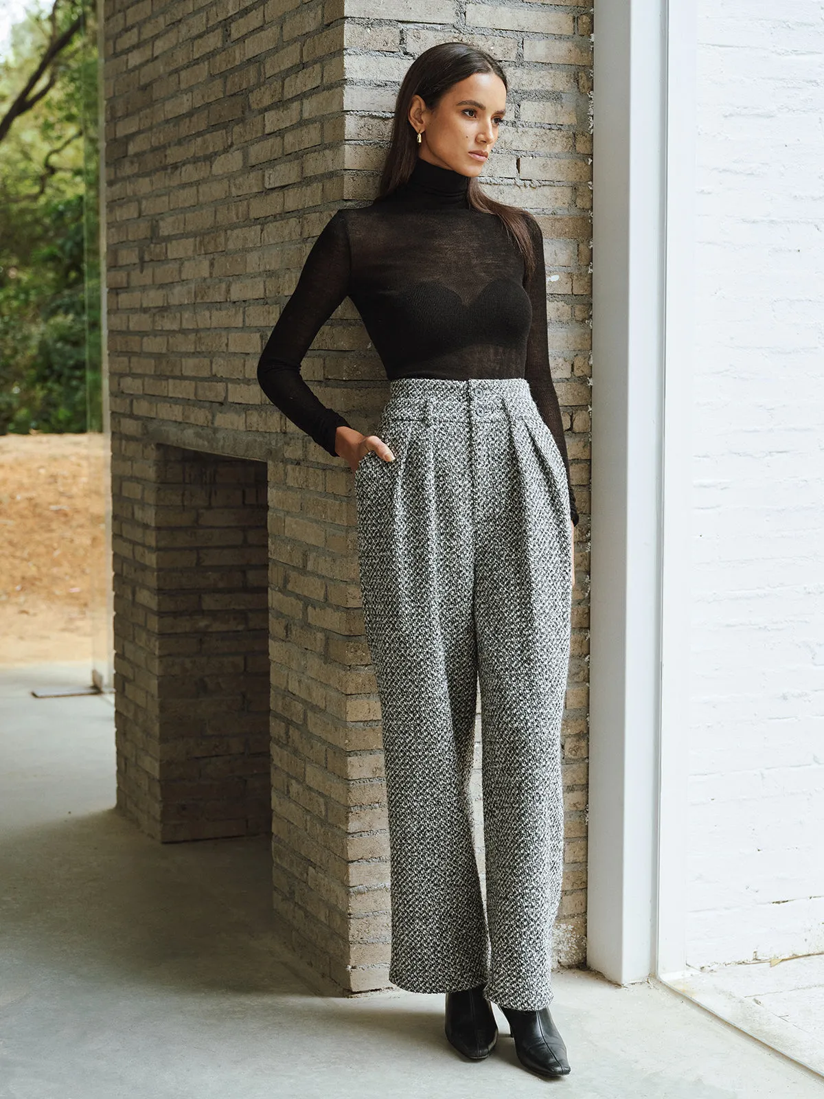 Wool Blend Double Waistband Tweed Pants sold by COMMENSE