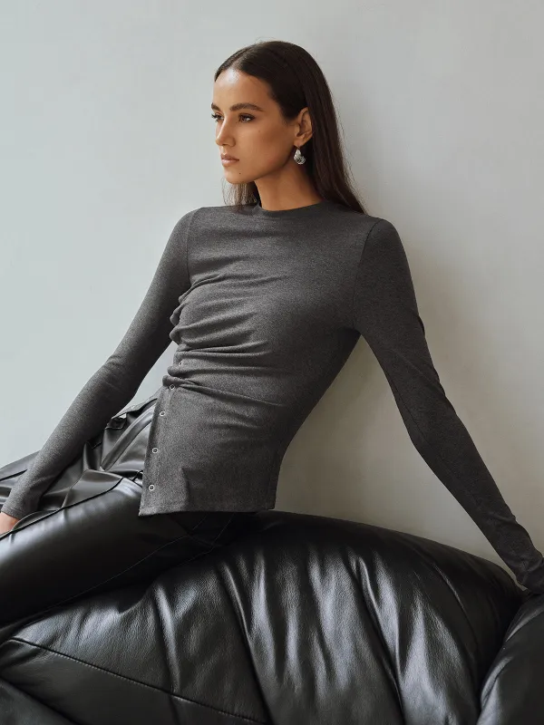 Asymmetric Ruched Long Sleeve Top sold by COMMENSE