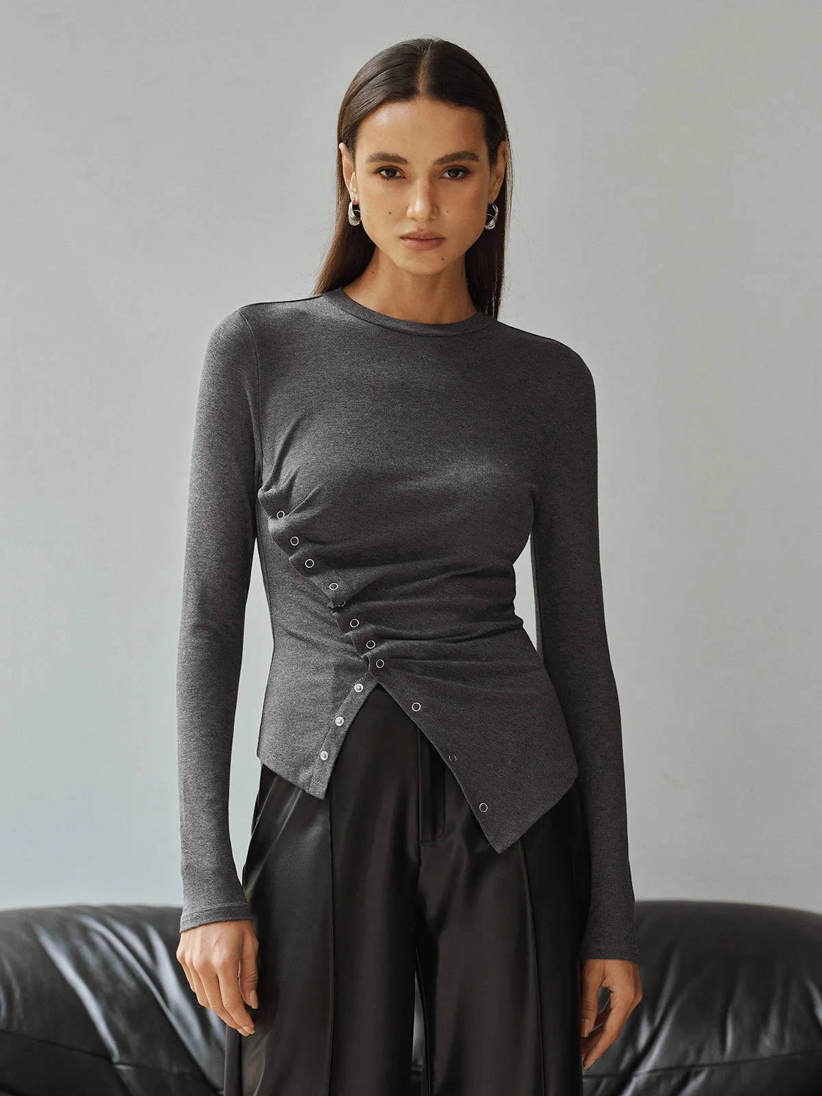 Asymmetric Ruched Long Sleeve Top sold by COMMENSE product image thumbnail 2