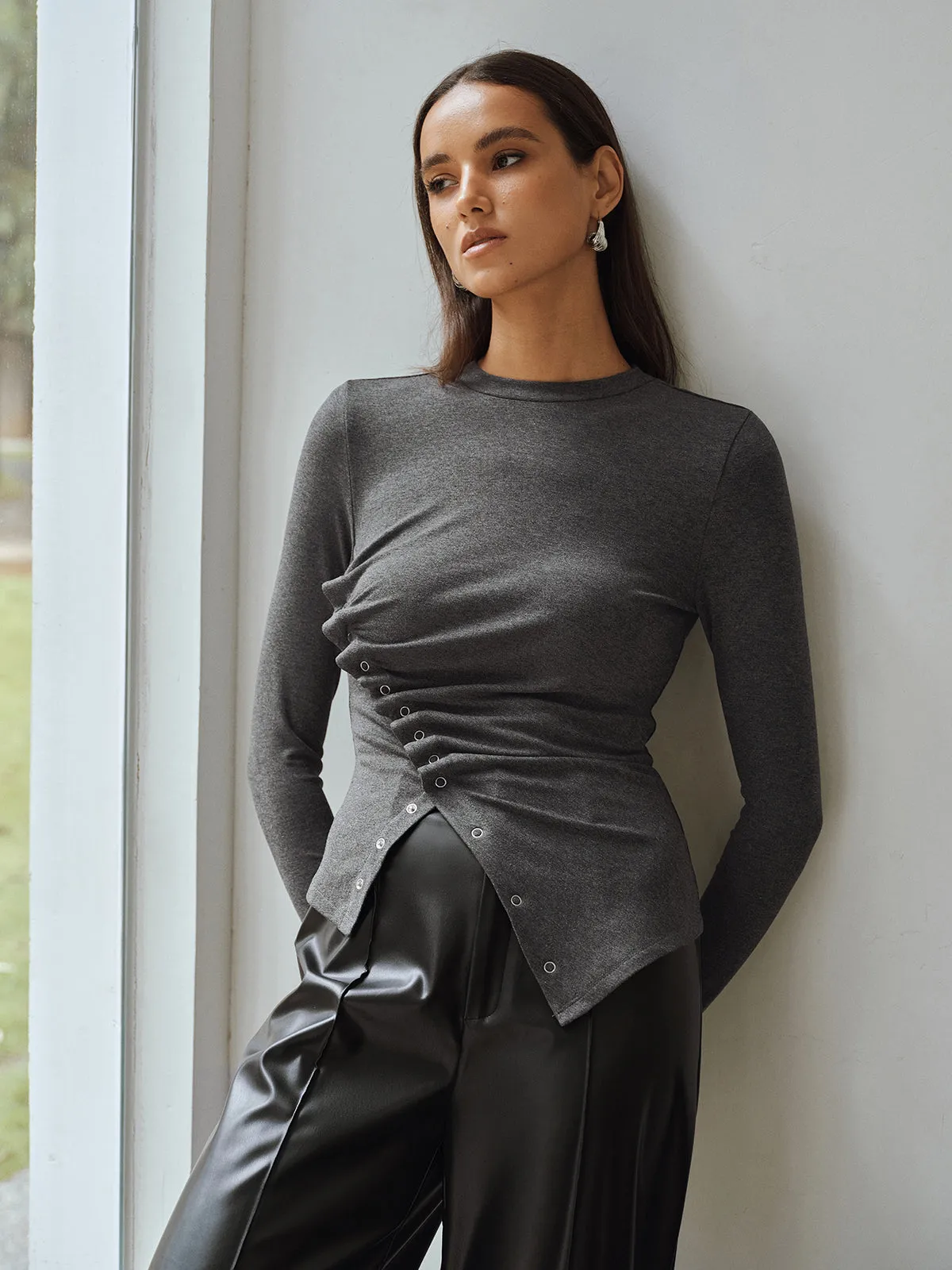 Asymmetric Ruched Long Sleeve Top sold by COMMENSE product image thumbnail 4