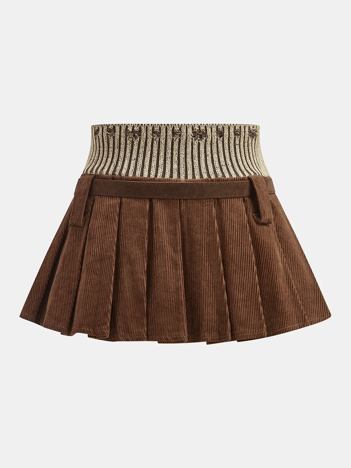 Belted Corduroy Pleated Mini Skirt with Knit Waistband sold by COMMENSE product image thumbnail 2