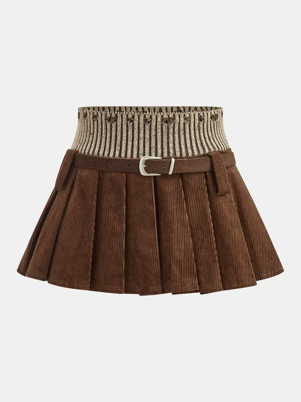 Belted Corduroy Pleated Mini Skirt with Knit Waistband sold by COMMENSE