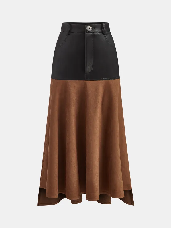 Faux Leather Panel Suede Effect Midi Skirt sold by COMMENSE
